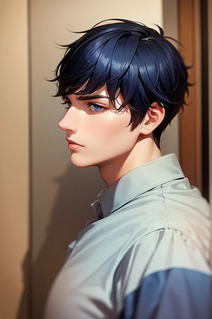 short hair Dark blue hair male 20-year-old profile kind Blue Eyes leader