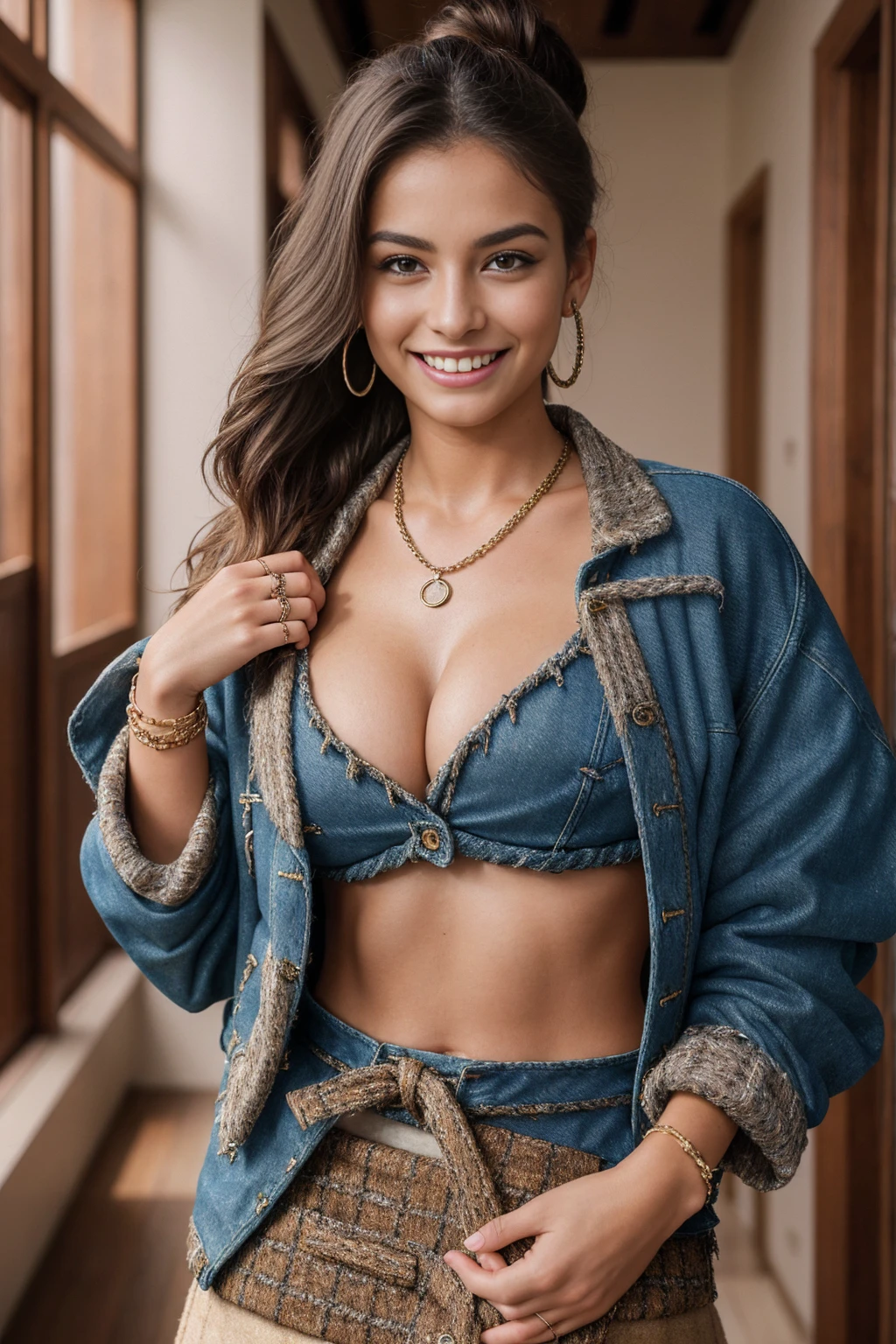 Half-length glamour portrait, nikon D850, f1.6 lens, 200mm, DSLR, 22 Megapixels, (((Indoor luxuous villa scene))), shot of a stunning 20 years old portuguese girl, (smile:1.4), (wearing Oversized denim jacket with tweed skirt and shirt:1.6), ((seductive pose)), hot girl, (((big natural breasts))), (((brown ponytail hair))), (small girl), symmetrical face, photorealistic, photography, (bright natural lighting), gorgeous, deep cleavage, (masterpiece), best quality, high resolution, extremely detailed, cinematic lighting, (((very narrow waist))), rich colors, hyper realistic, lifelike texture, ((jewelry)), (((She has beautiful hands and wears rings))), (bracelet), (necklace), (ankle chain), (nail polish) (earrings), Fuji Superia 200, 8k