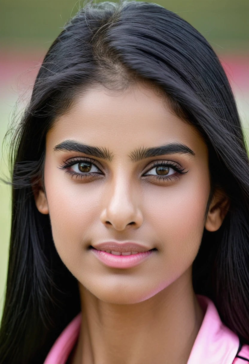 Beautiful female, cricket player, fit, athletic, teen, tall, abs, Pakistani girl, beautiful long straight black hairs, ((alabaster skin)), white skin, pale skin, pink face, cute. (Face focus, portrait, detailed face)