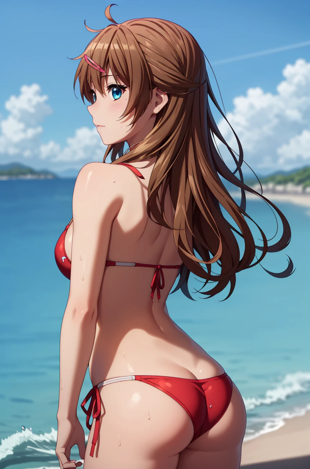 ((masterpiece, Highest quality, High resolution, UHD, Pixel perfect, Depth of written boundary, 4K, rtx, HDR)), 1 Girl, single, alone, 24-years-old, Beautiful Anime Girls, Beautiful art style, anime character, ((Parted bangs, Brown Hair)), (blue eyes、Round eyes, Delicate eyelashes、Beautiful eyelashes, Perfect Eyes), (Detailed face:1.2), (Smooth texture:0.75, Realistic texture:0.65, Realistic:1.2, Cinematic, Anime CG Style), Perfect body, Ocean:1.3、Moderately good :1.7、Red Micro Bikini Swimsuit:1.8、Visible from the thighs:1.9、Wet、Water Drop、Splash、nsfw、visible from below、Shoulder straps seen from behind