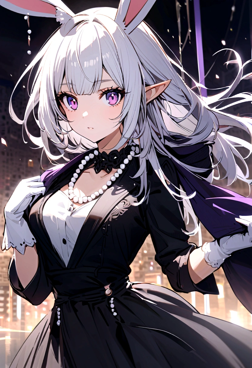 A beautiful elf girl with deep purple eyes and shirt white hair and bangs,with a black dress a black jacket over her shoulder and wears a pearl necklace around her neck with white gloves on her hands,also has rabbit ears