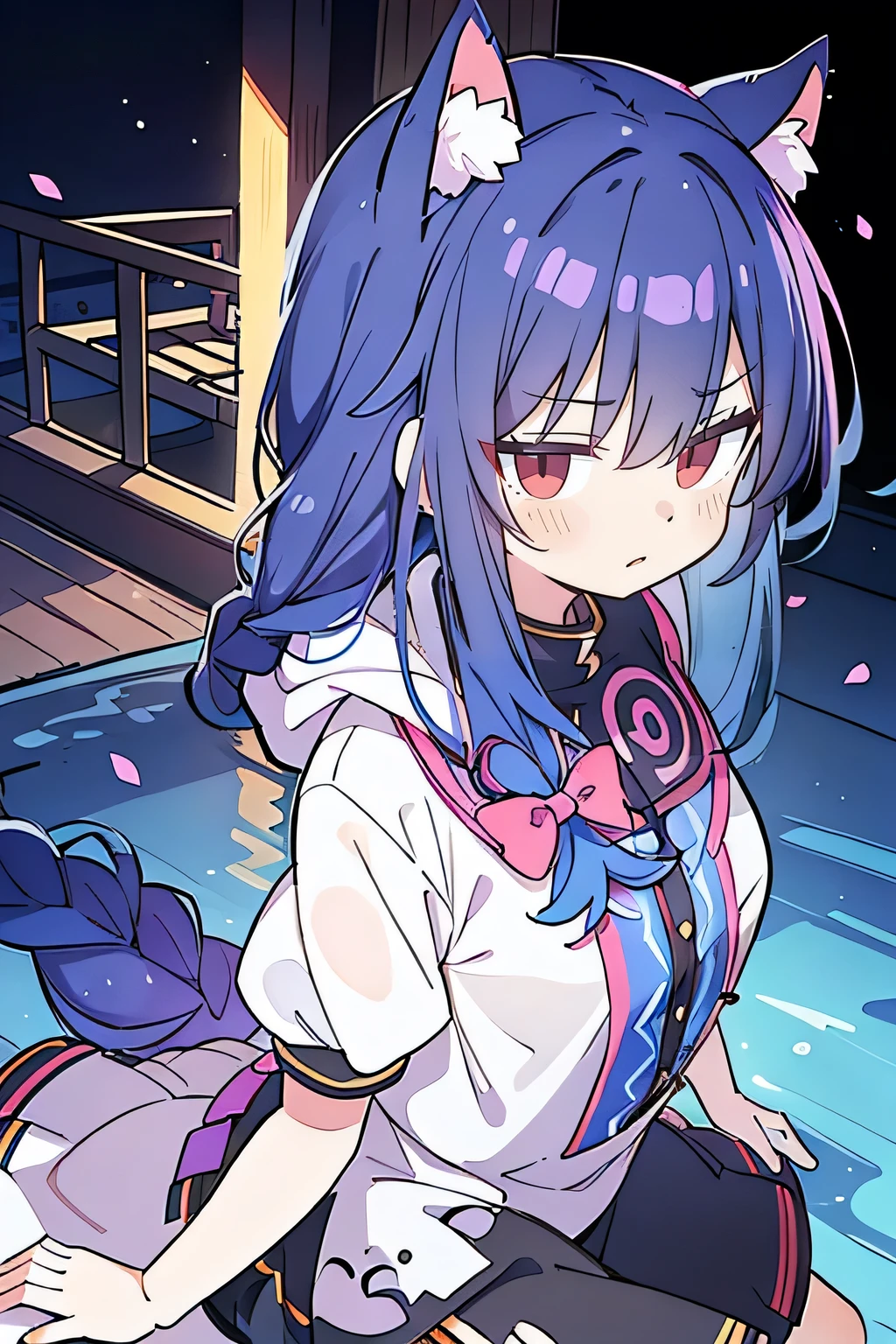 （masterpiece：1.2），Super detailed，lifelike，Expressive eyes，fair skin，perfect face shape，1 girl，
Japanese comics,Gorgeous blue hair,flowing blue hair,flowing clothes,Cat ears,Petals fall,beautiful lola,Baby Angel,
Shaking head with one hand，Cross your legs，Gentle and peaceful background，The pavilion is cool and comfortable,smile, wearing hoodie, background of tokyo,back views,snowing, winter,lie on the water.(Best Quality: 1.3), (Masterpiece: 1.3), (Illustration: 1.3), (Ultra Detailed: 1.3), (Imide Lens: 0.9), 1girl, Medium Breasts, Purple Eyes, ((Dark Blue Hair) ), hair accessories, young, clothing-gladiia, long hair, dark blue hair, indoors, black shorts, high socks, low ponytail, expressionless, upper body, close-up, coat, skirt,fgo style,like \(destiny\), like Adult, hair length, underwear, masterpiece, Top quality, 1 Girl, looking at the audience,(((braid)))、shameful face、Embarrassed face、Long body、huge 、