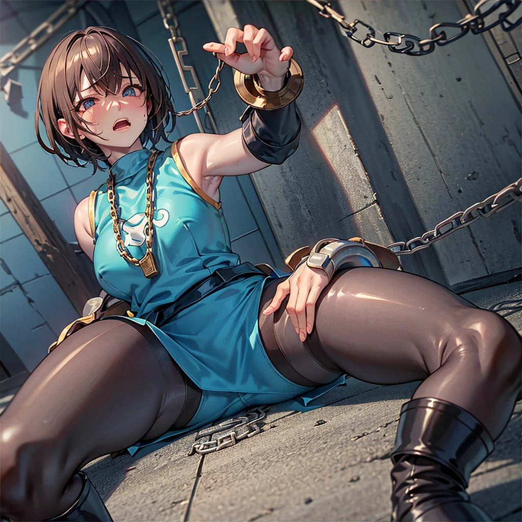 Hurricane Blue、Hurricane Jar、Brown Hair、short hair、((pantyhose))、Picture below、Medium Chest、prison、((Round 1))、((Chains on both hands))、Kneel、boots、Embarrassed expression,, blush, wariza, Spread your legs,orgasm,blush, Sweat,White panties、Squat、Look at this、skirt、、Attacked by tentacles、Tentacles wrap around my legs、Tentacles in the crotch、Captured by tentacles、cry、shout、Ecstasy face、skirtの中の触手、Do not run away、Lying down、Torn clothes、skirtの下からスパッツが見えます、Spread your legs、Disheveled clothing、skirtをめくった、