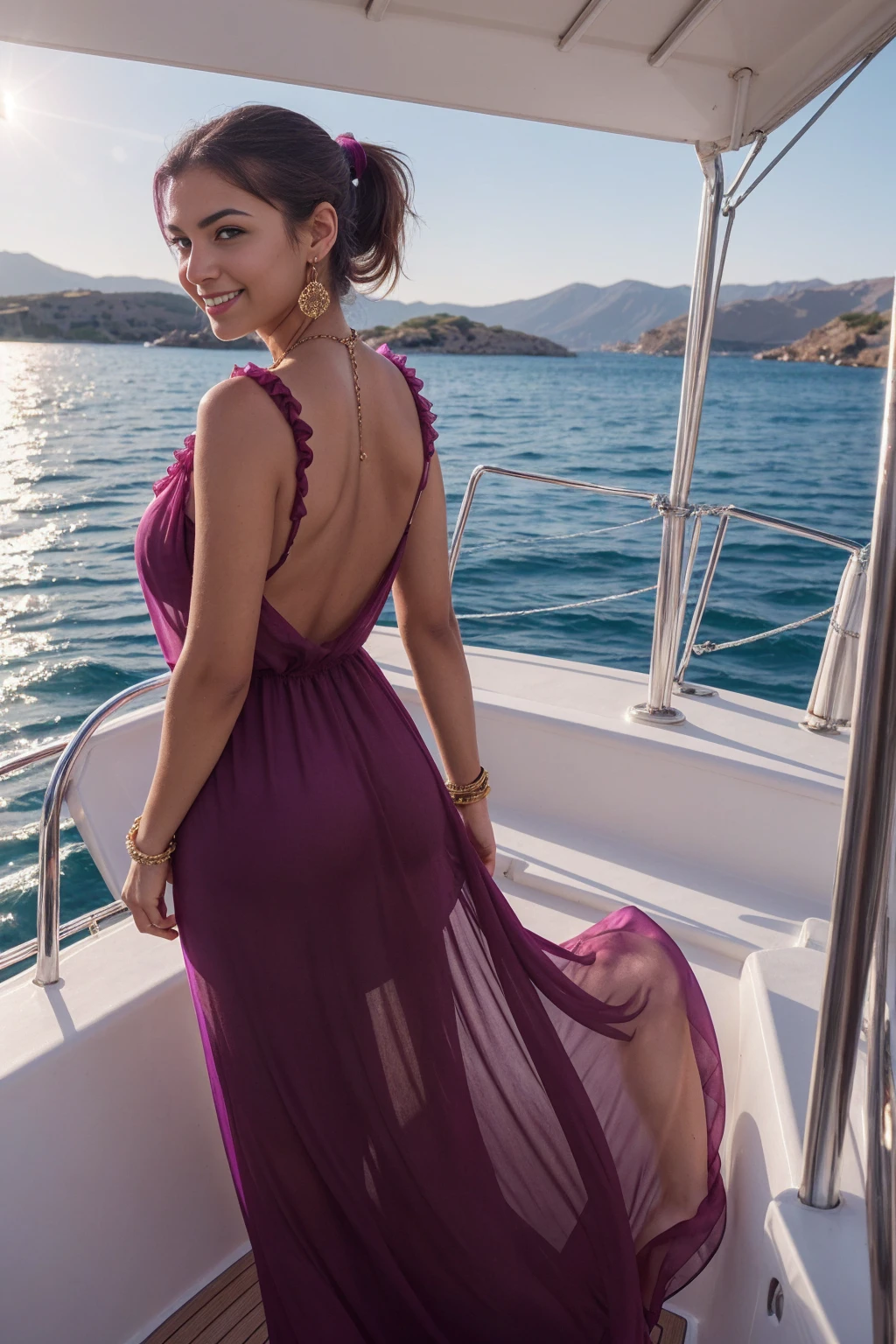 Half-length glamour portrait, nikon D850, f1.6 lens, 200mm, DSLR, 22 Megapixels, (((Sailing on a boat in the Greek islands scene))), shot of a stunning 20 years old portuguese girl, (smile:1.4), (wearing Dark magenta Chiffon maxi dress with open back:1.6), ((seductive pose)), hot girl, (((big natural breasts))), (((brown ponytail hair))), ( girl), symmetrical face, photorealistic, photography, (bright natural lighting), gorgeous, deep cleavage, (masterpiece), best quality, high resolution, extremely detailed, cinematic lighting, (((very narrow waist))), rich colors, hyper realistic, lifelike texture, ((jewelry)), (((She has beautiful hands and wears rings))), (bracelet), (necklace), (ankle chain), (nail polish) (earrings), Fuji Superia 200, 8k
