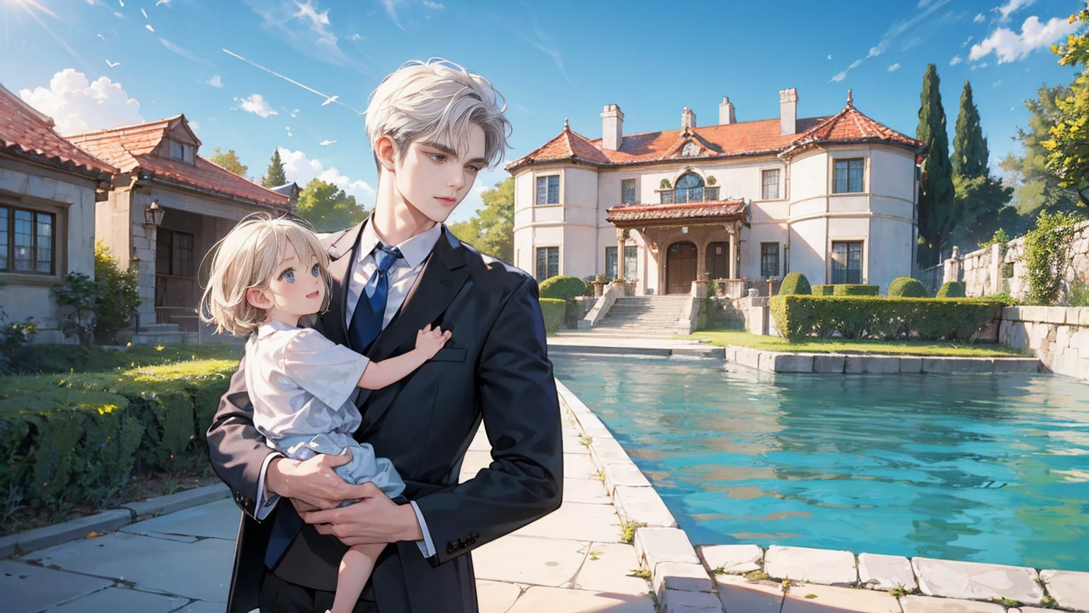 Masterpiece, high quality, absurdes, a guy wearing long white shirt and trousers, blonde hair, detailed eyes and face, blue eyes, beautiful face, ponytail, walking in a garden with his son, father and son, German emire outfits, 5 y.o boy, royal, imperial, noble, bloomig garden on background, flowers, roses