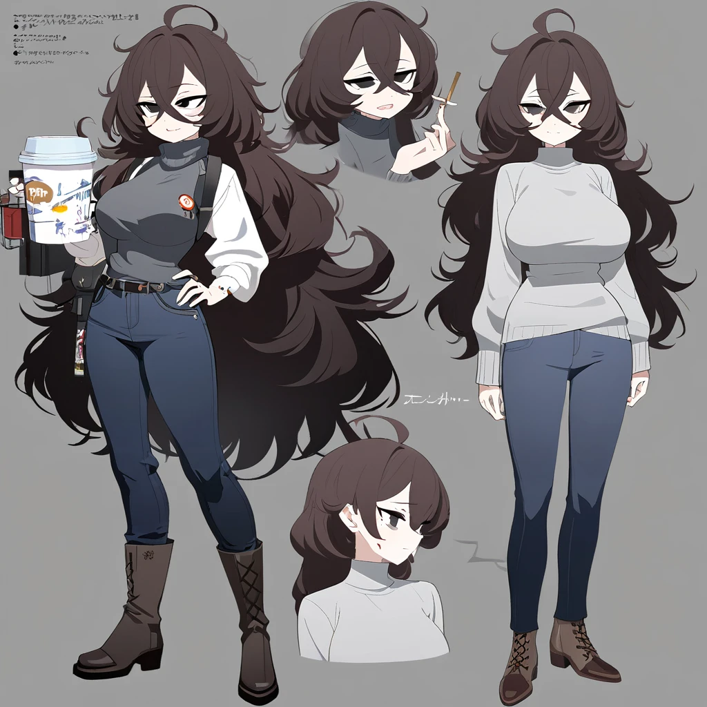One Woman,Downer,older sister,Concept Art,Dark brown hair,Straight hair with slight inward curls,Staring eyes,Eye Ridge,black eye,Crossed bangs,whole body,smile,Larger breasts,Gray background,Bangs that reach down to the eyes,Messy hair,Tight dark jeans,Gray turtleneck sweater,Multiple views of the same character,Character Design,Dark circles under the eyes,Bad look,Listless,Sloppy,Silver Jewelry,Cafe staff,Holding a cigarette,whole bodyCharacter Design,Detailed hands,Height: 170cm,boots,fleshy,