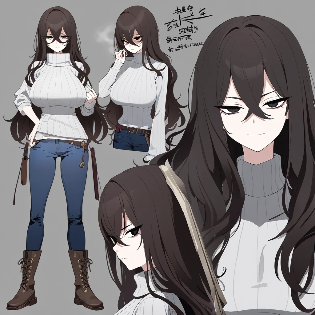 One Woman,Downer,older sister,Concept Art,Dark brown hair,Straight hair with slight inward curls,Staring eyes,Eye Ridge,black eye,Crossed bangs,whole body,smile,Larger breasts,Gray background,Bangs that reach down to the eyes,Messy hair,Tight dark jeans,Gray turtleneck sweater,Multiple views of the same character,Character Design,Dark circles under the eyes,Bad look,Listless,Sloppy,Silver Jewelry,Cafe staff,Holding a cigarette,whole bodyCharacter Design,Detailed hands,Height: 170cm,boots,fleshy,