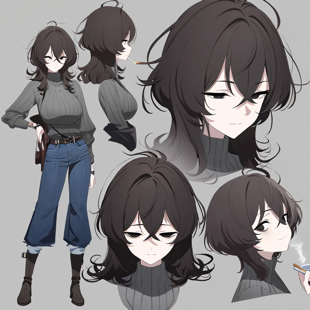 One Woman,Downer,older sister,Concept Art,Dark brown hair,Straight hair with slight inward curls,Staring eyes,Eye Ridge,black eye,Crossed bangs,whole body,smile,Larger breasts,Gray background,Bangs that reach down to the eyes,Messy hair,Tight dark jeans,Gray turtleneck sweater,Multiple views of the same character,Character Design,Dark circles under the eyes,Bad look,Listless,Sloppy,Silver Jewelry,Cafe staff,Holding a cigarette,whole bodyCharacter Design,Detailed hands,Height: 170cm,boots,fleshy,