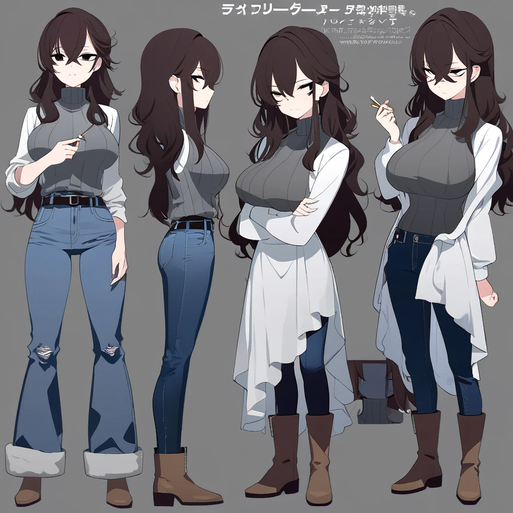 One Woman,Downer,older sister,Concept Art,Dark brown hair,Straight hair with slight inward curls,Staring eyes,Eye Ridge,black eye,Crossed bangs,whole body,smile,Larger breasts,Gray background,Bangs that reach down to the eyes,Messy hair,Tight dark jeans,Gray turtleneck sweater,Multiple views of the same character,Character Design,Dark circles under the eyes,Bad look,Listless,Sloppy,Silver Jewelry,Cafe staff,Holding a cigarette,whole bodyCharacter Design,Detailed hands,Height: 170cm,boots,fleshy,
