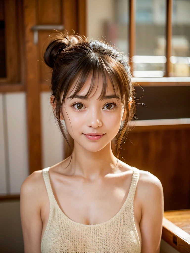 (Wear your hair up to show off your sexy neck and scruff:1.3). (SNFW:1.3) highest quality, Face Focus, Soft Light, Ultra-high resolution, (Realistic:1.4), RAW Photos,
1 Japanese girl, alone, cute, (pupil, There&#39;There&#39;There&#39;There&#39;There&#39;The light in my eyes),  Beautiful face in every detail, (),(High resolution detail of human skin texture),
indoor, ((Ultra-thin knit camisole dress)) Beautiful breasts　Wearing an apron　
(Portraiture)  High definition focus on pupil　smile　　See-through bangs　17 years old　　Old Coffee Shop　　The background is the protagonist　Wide and deep background　Old Coffee Shopがテーマです　Thin eyebrows　Beautiful breasts　very cute　Beautiful white skin　Beautiful Hair　　(Very stylish and beautiful straight bob hair:1.3)  See-through bangsグ