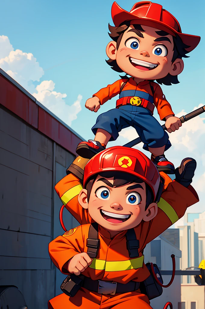 An animated image of a 3  boy named Alex wearing a firefighter costume with a smiling face