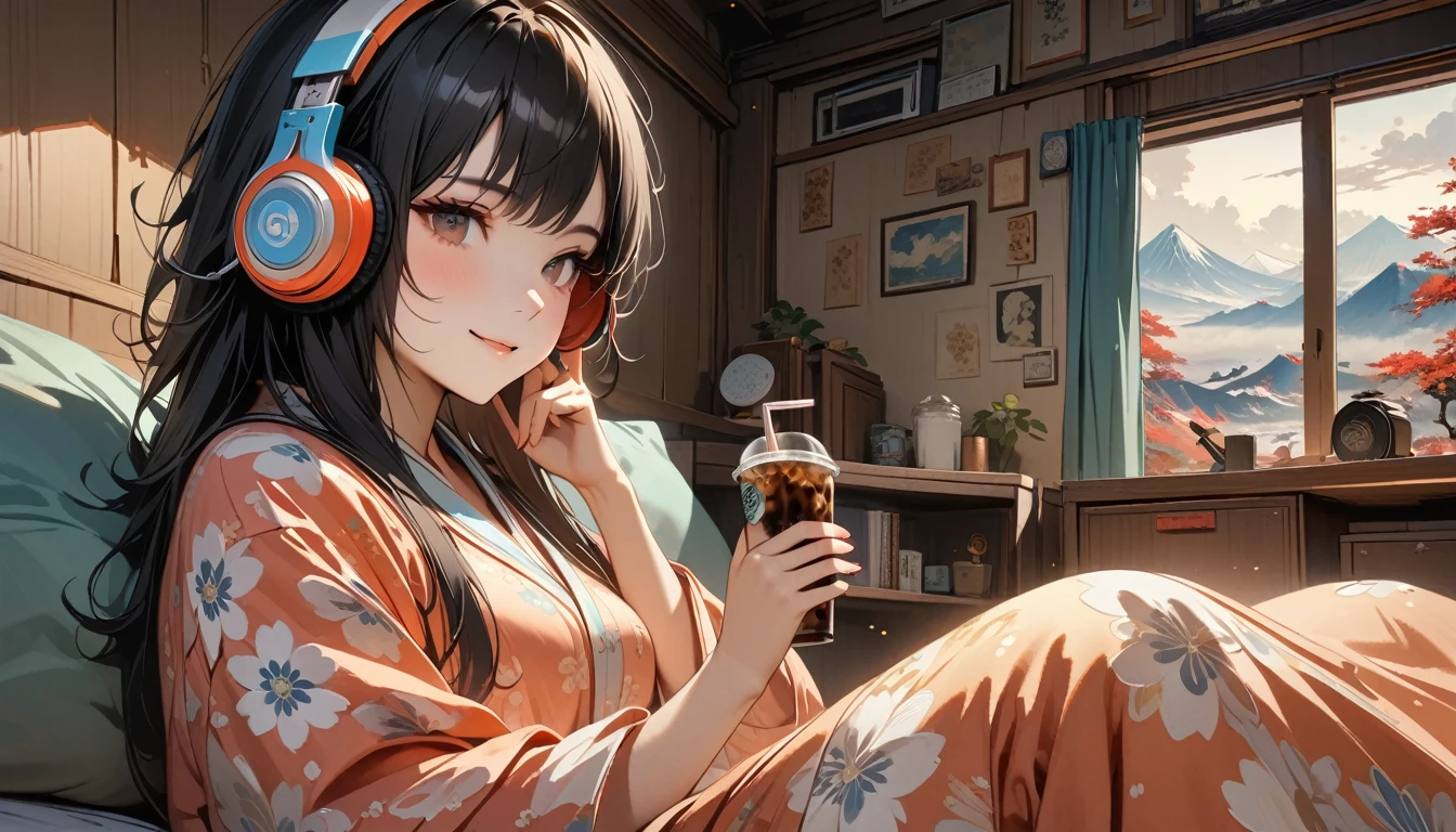 ((8k of extremely detailed CG unit, Masterpiece, high resolution, highest quality, highest quality real texture skin)), (((Japanese patterned pajamas))), (((Cute room))), (((Japanese style headphones))), (((iced coffee))), (((Smiling and listening to music))), ((1 girl)), (Black hair, messy hair, beige skin), (Surreal, digital painting)