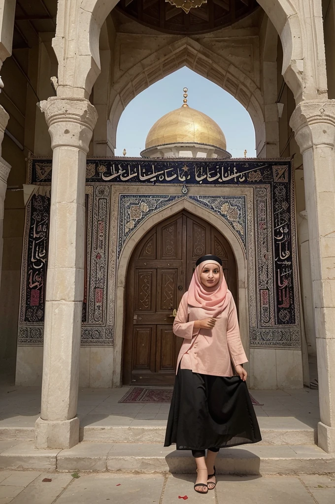 Please make a poster containing pictures of mosques, sacrificial animals, and the young generation wearing Muslim clothes with festive nuances and writing that we, all the young generation who repent, wish you a HAPPY Eid al-Adha 1445. Hijriyah.