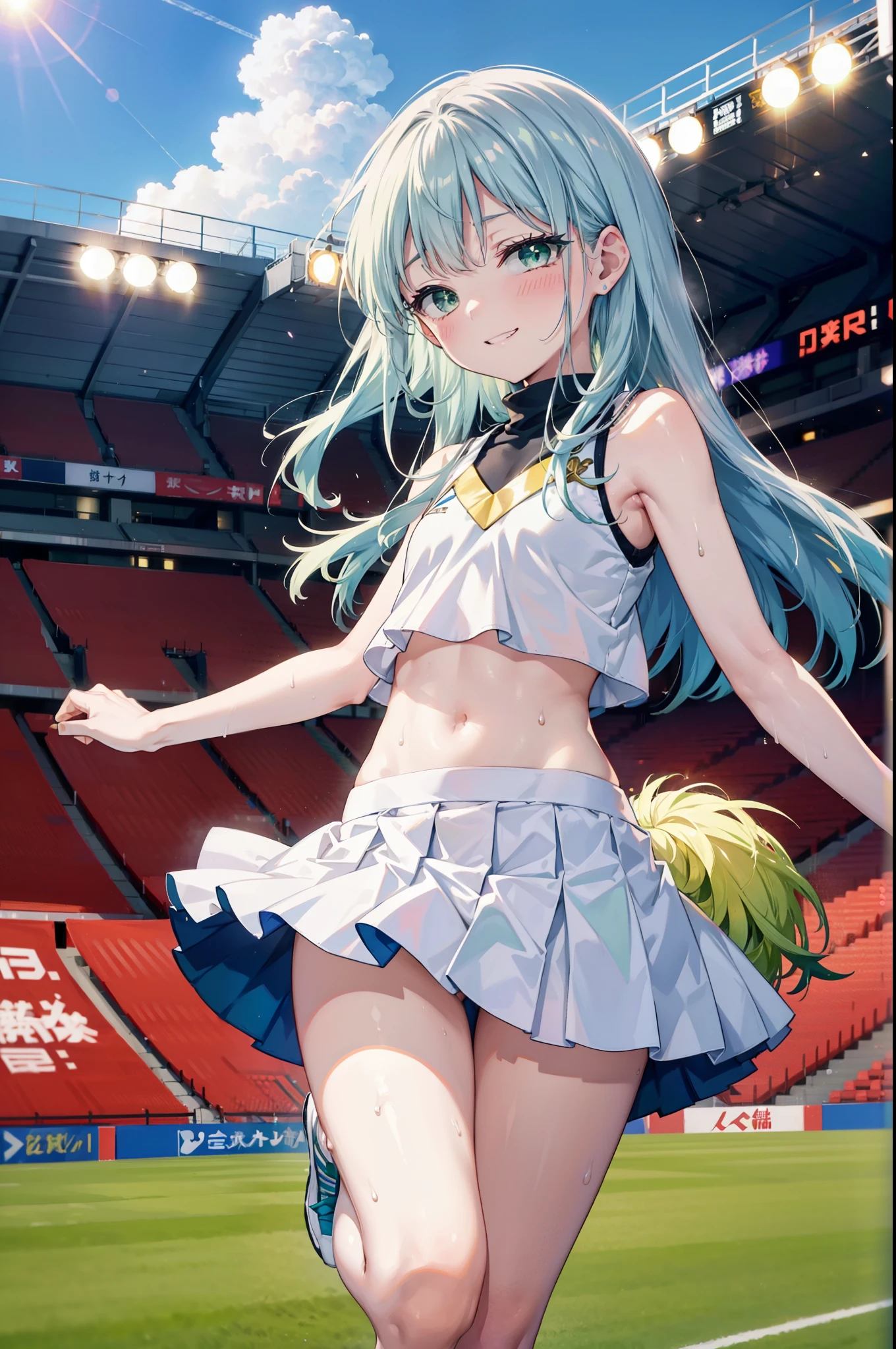 index, index,Silver Hair, (Green Eyes:1.5),Long Hair, (Flat Chest:1.2),Grin,tooth,Daytime,Clear skies,
,(cheer leading), (whole body), Lower, (Sweaty), Sweaty Wet Clothes, (White clothes), Pleated skirt,Black socks,sneakers, Belly button support, playground, (Jump), (Jump), 足を曲げてJumpする, air, blue sky, Grass原, smile,Cheerleader, Pom-pom \(cheer leading\), Grass, smile, whole bodyがイラストに入るように,
break looking at viewer, whole body,(Cowboy Shot:1. 5) ,
break indoors, Stadium,crowd, people々々,
break (masterpiece:1.2), Highest quality, High resolution, unity 8k wallpaper, (shape:0.8), (Fine and beautiful eyes:1.6), Highly detailed face, Perfect lighting, Highly detailed CG, (Perfect hands, Perfect Anatomy),