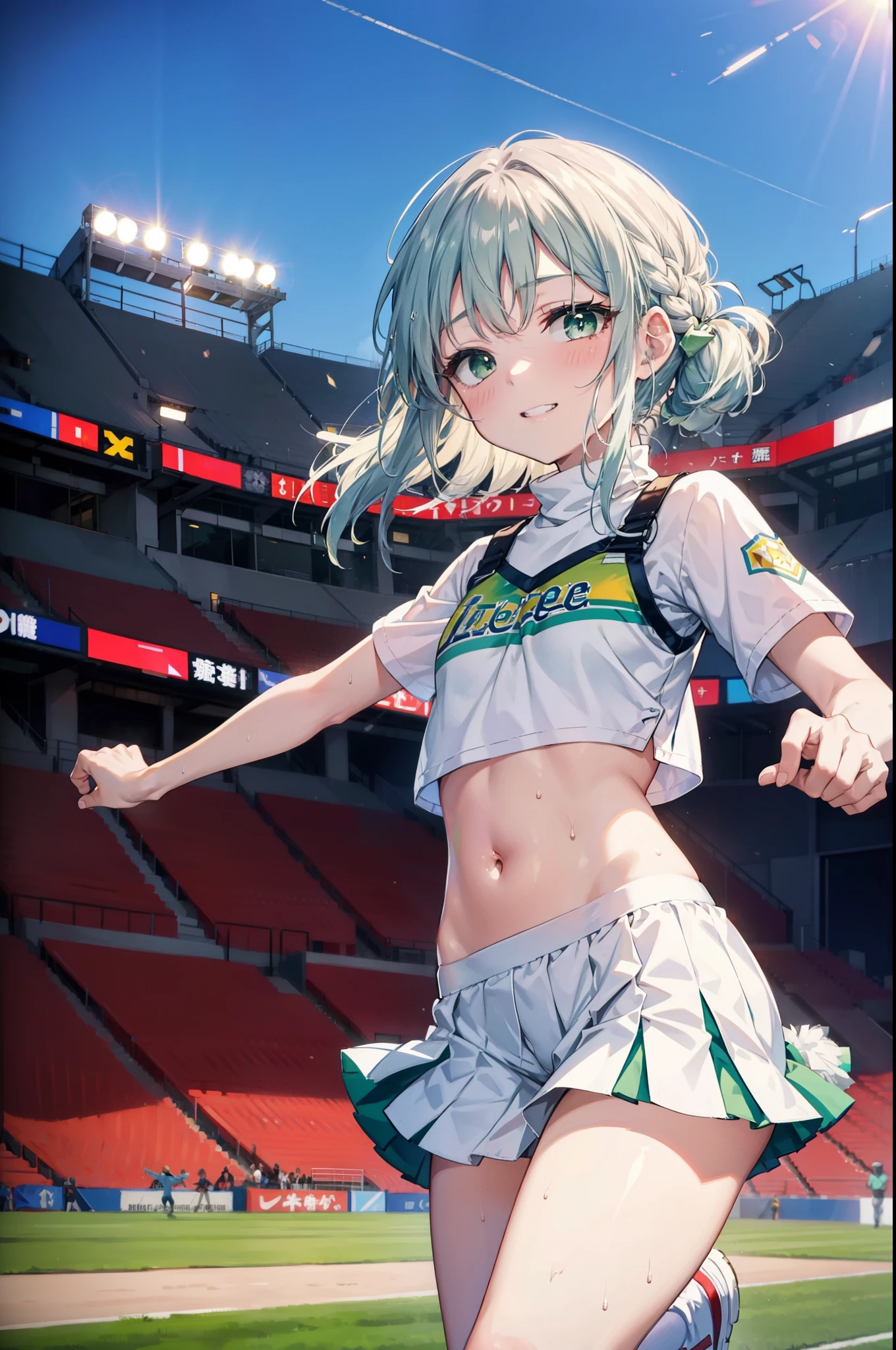 index, index,Silver Hair, (Green Eyes:1.5),Long Hair, (Flat Chest:1.2),Grin,tooth,Daytime,Clear skies,
,(cheer leading), (whole body), Lower, (Sweaty), Sweaty Wet Clothes, (White clothes), Pleated skirt,Black socks,sneakers, Belly on support, playground, (Jump), (Jump), 足を曲げてJumpする, air, blue sky, Grass原, smile,Cheerleader, Pom-pom \(cheer leading\), Grass, smile, whole bodyがイラストに入るように,
break looking at viewer, whole body,(Cowboy Shot:1. 5) ,
break indoors, Stadium,crowd, people々々,
break (masterpiece:1.2), Highest quality, High resolution, unity 8k wallpaper, (shape:0.8), (Fine and beautiful eyes:1.6), Highly detailed face, Perfect lighting, Highly detailed CG, (Perfect hands, Perfect Anatomy),
