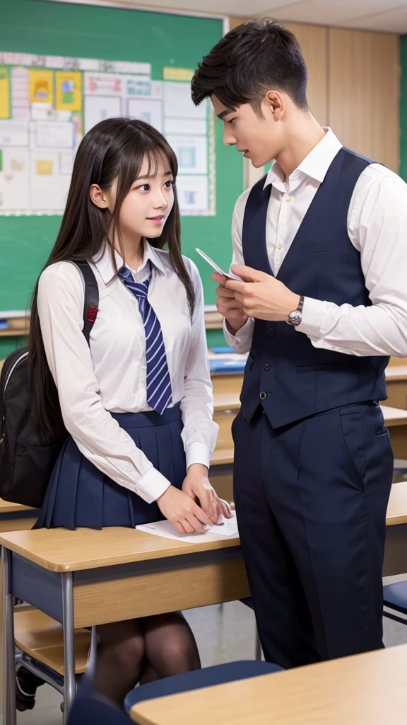 A handsome boy is confessing his love to a pretty girl in a school classroom。