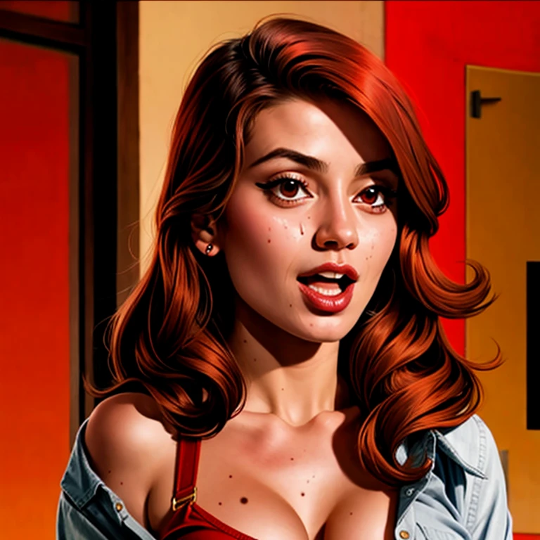 Leela, red thong, unbuttoned shirt, facial cumshot