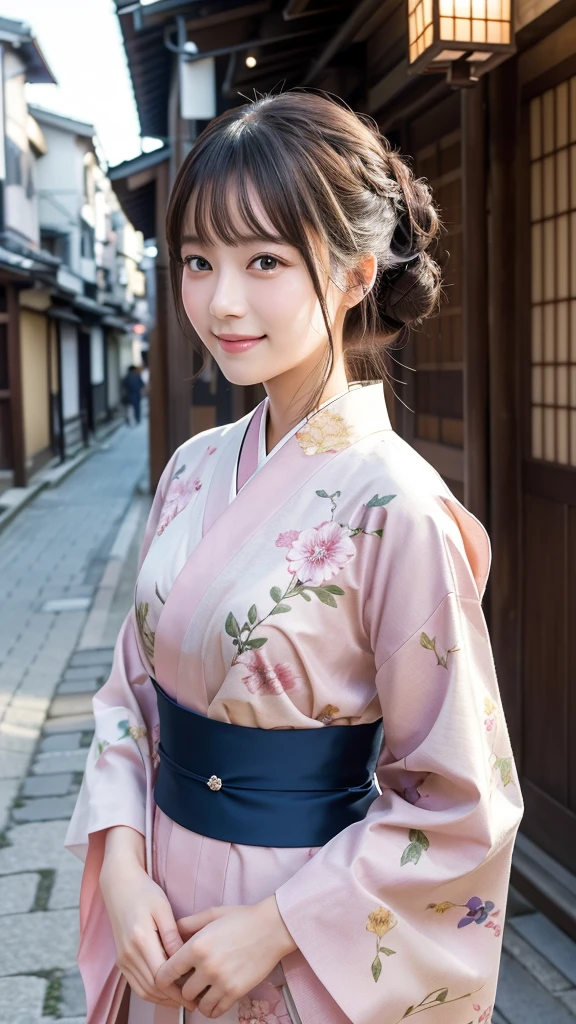 Professional Lighting,(Realistic:1.4), (Top image quality:1.0), (超High resolution:1.0), 8k, Raw photography, (masterpiece:0.2), (Dealing with the Children_v1:0.5)、(最高quality Detail:1.2)、Realistic、8K Ultra HD、High resolution、(1 Girl:1.2)、超detailedな、High quality textures、複雑なdetailed、detailed、Very detailed CG、High quality shadows、detailed 美しく繊細な顔、Beautiful details and a delicate eye、(Symmetrical eyes:1.2),Written boundary depth、Ray Tracing,1 Girl, Japanese Girls, (Natural smile:1.4),cute, thin, Portrait of a beautiful Japanese woman in a kimono, Standing elegantly on a street corner in Kyoto. Kimono with vibrant traditional patterns, Hair decorated with elegant and delicate hairpins, Gentle expression. (With the old streets of Kyoto in the background:1.4)、The soft light of a spring afternoon、Adding tranquility to the scene. Rendered in a Realistic style with great attention to detail, High resolutionの画像.Sky Porn, Magic Hour, (Realistic:1.3), finely, quality, (Tabletop:1.2), (Realistic:1.2), (最高quality), (複雑なdetailed), dramatic, Ray Tracing, photograph, +roller