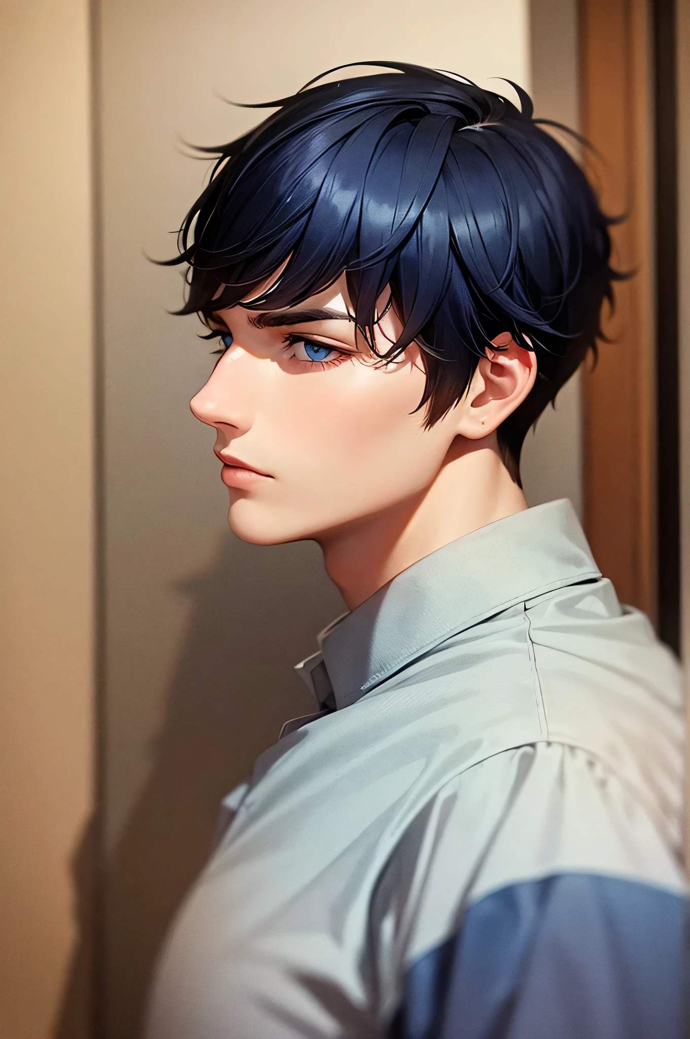 short hair Dark blue hair male 20-year-old profile kind Blue Eyes leader