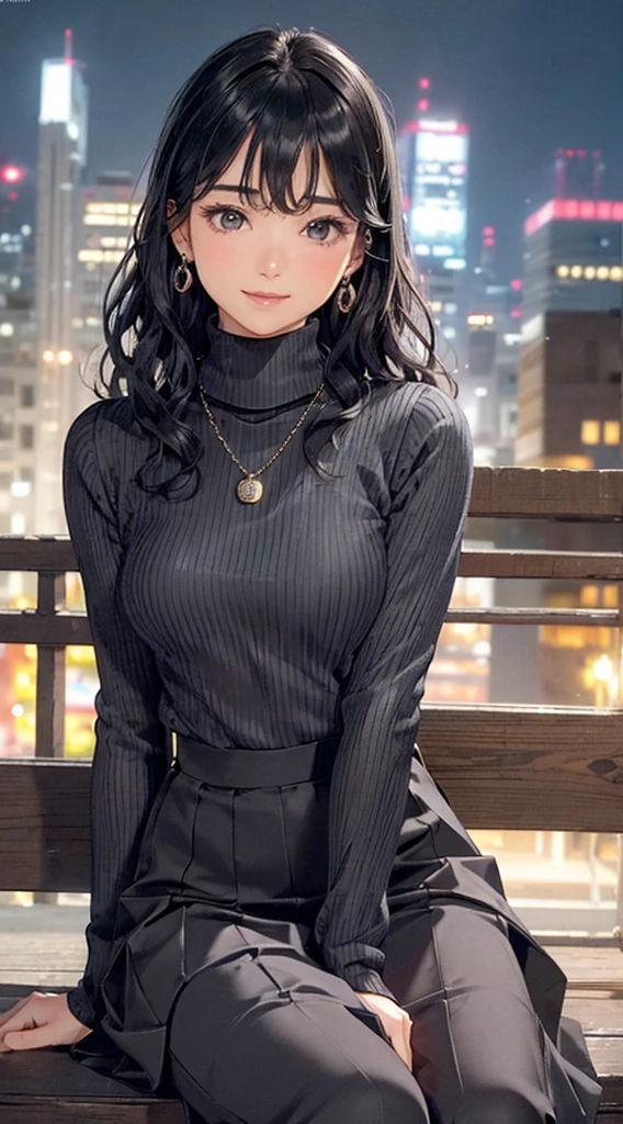 (masterpiece:1.3, Highest quality, Ultra-high resolution, Super detailed), (Realistic, photoRealistic:1.4), Beautiful illustrations, Perfect lighting, colorful, Depth of written boundary, Beautiful detailed hair, Beautifully detailed face, Beautiful fine details, Beautiful clavicle, Beautiful body, 美しいLarge Breasts, Beautiful thighs, Beautiful feet, Beautiful fingers, View Viewer、Front view:0.6, Beauty1人, Japanese, Beauty、30 years old, Perfect Face, (Perfect Anatomy, Anatomically correct), Cute and symmetrical face, , , Shiny skin, ((Dark grey turtleneck sweater:1.4)),(((Long skirt 1.5))) (Black Hair, Medium Wavy Hair:1.4), Dark brown eyes, (Large Breasts), Slim body, necklace, (Small earrings:1.4), (Beautiful views), (night), (city, cityscape in the distance), Sitting on a bench, A soft smile、(Smile, Lips parted),