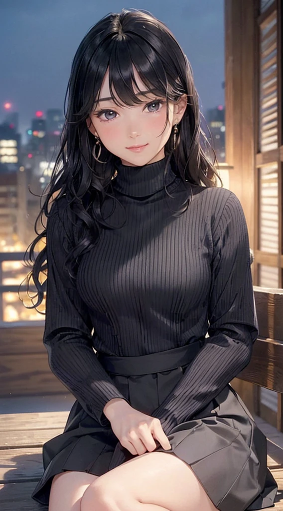 (masterpiece:1.3, Highest quality, Ultra-high resolution, Super detailed), (Realistic, photoRealistic:1.4), Beautiful illustrations, Perfect lighting, colorful, Depth of written boundary, Beautiful detailed hair, Beautifully detailed face, Beautiful fine details, Beautiful clavicle, Beautiful body, 美しいLarge Breasts, Beautiful thighs, Beautiful feet, Beautiful fingers, View Viewer、Front view:0.6, Beauty1人, Japanese, Beauty、30 years old, Perfect Face, (Perfect Anatomy, Anatomically correct), Cute and symmetrical face, , , Shiny skin, ((Dark grey turtleneck sweater:1.4)),(((Long skirt 1.5))) (Black Hair, Medium Wavy Hair:1.4), Dark brown eyes, (Large Breasts), Slim body, necklace, (Small earrings:1.4), (Beautiful views), (night), (city, cityscape in the distance), Sitting on a bench, A soft smile、(Smile, Lips parted),