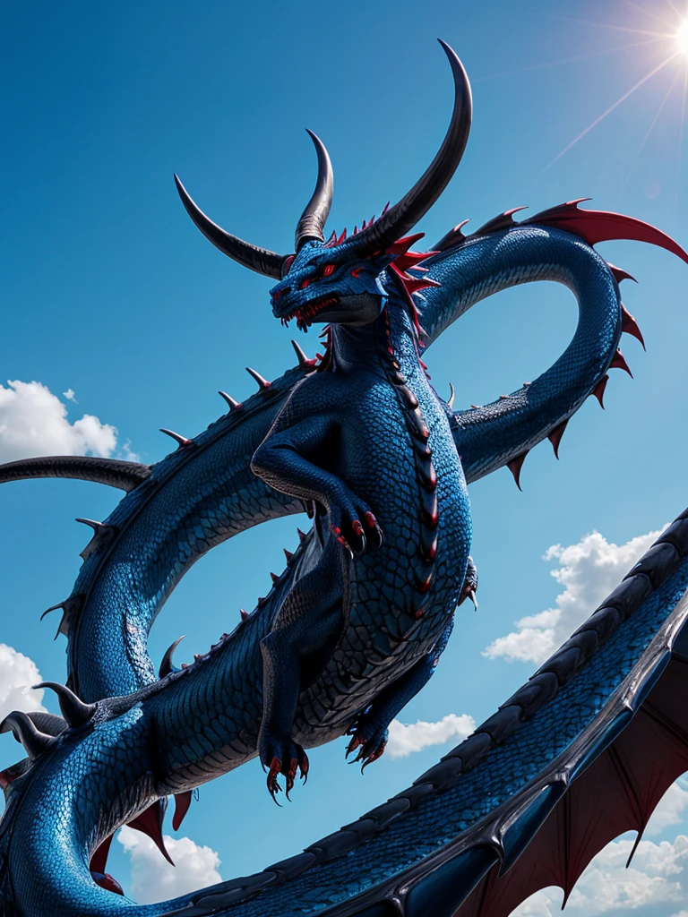 blue sky,, claws, colored sclera, day, dragon, horns, no humans, red eyes, sky, tail