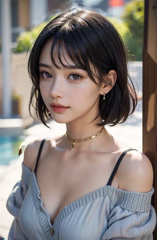 (masterpiece: 1.3), (8k, Realistic, RAW Photos, Highest quality: 1.4), (One girl), Beautiful Face, (Realistic Face), (Black Hair, short hair: 1.3), Beautiful hairstyle, bangs, smile, smile, Realistic eyes, Gloss, highlight, highlight in the pupils, eyelash, Beautiful details in the eyes, (Realistic Skin), Beautiful Skin, Transparency, Off the shoulder, Red knit, Blue Knitwear, black shoulder strap, shoulder strap, Thick choker, bust, smile, teeth, Disorganized, Charm, 超High resolution, Ultra-realistic, High resolution, Golden Ratio, Clear eyes, Wet, Mole, Looking into the camera, ear, Shine, Long neck, double eyelid, Big eyes, cheek, Gentle personality, Charmな性格, kind, touch, Overwhelming charm, bright personality