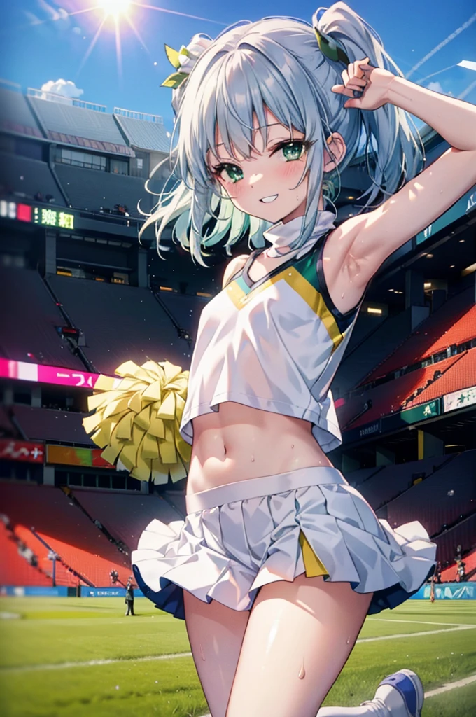 index, index,Silver Hair, (Green Eyes:1.5),Long Hair, (Flat Chest:1.2),Grin,tooth,Daytime,Clear skies,
,(cheer leading), (whole body), Lower, (Sweaty), Sweaty Wet Clothes, (White clothes), Pleated skirt,Black socks,sneakers, Belly button support, playground, (Jump), (Jump), 足を曲げてJumpする, air, blue sky, Grass原, smile,Cheerleader, Pom-pom \(cheer leading\), Grass, smile, whole bodyがイラストに入るように,
break looking at viewer, whole body,(Cowboy Shot:1. 5) ,
break indoors, Stadium,crowd, people々々,
break (masterpiece:1.2), Highest quality, High resolution, unity 8k wallpaper, (shape:0.8), (Fine and beautiful eyes:1.6), Highly detailed face, Perfect lighting, Highly detailed CG, (Perfect hands, Perfect Anatomy),