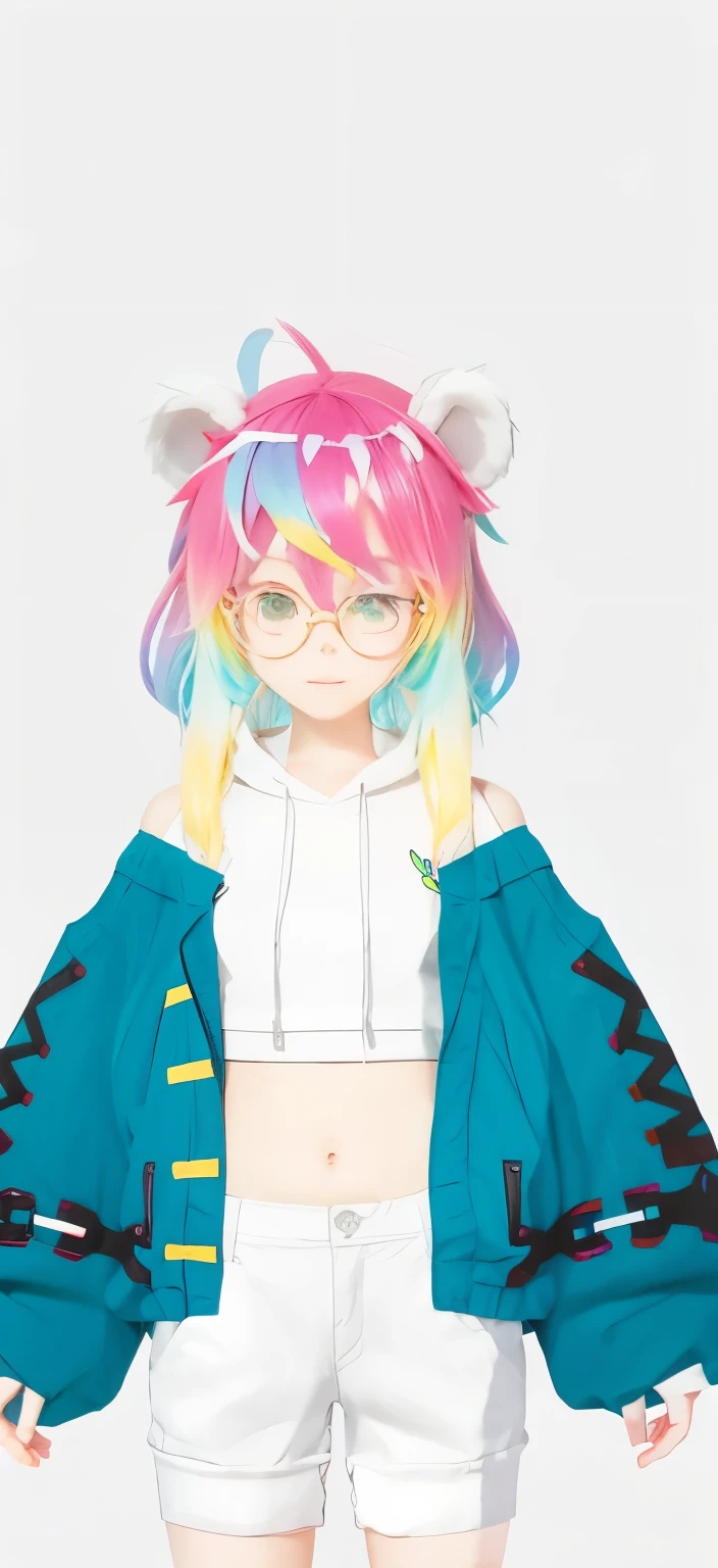 Anime style. Teenage glasses girl with colorful hair and white bear ears.