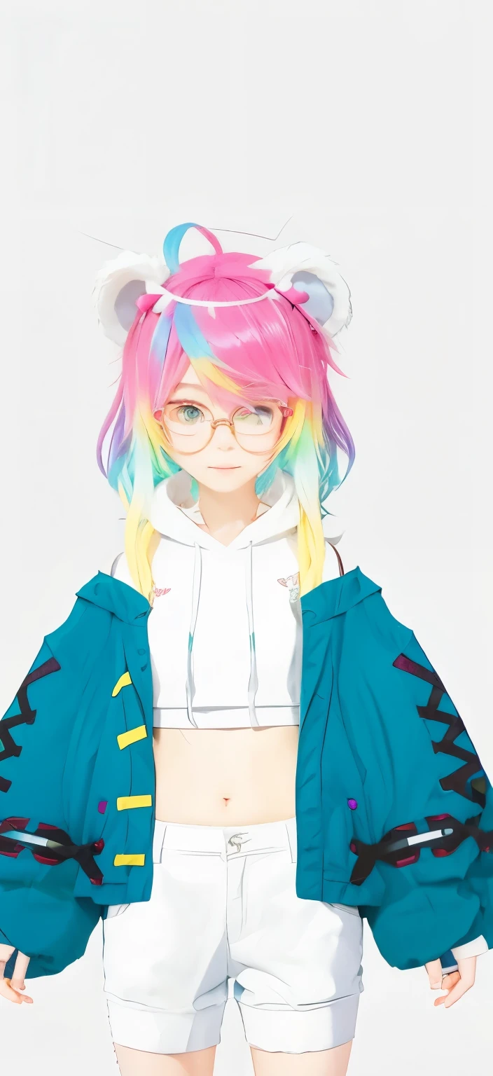 Anime style. age glasses girl with colorful hair and white bear ears.