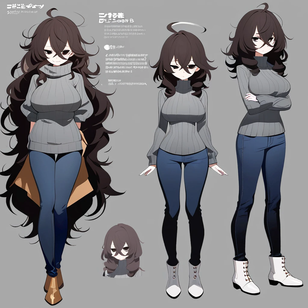 One Woman,Downer,older sister,Concept Art,Dark brown hair,Straight hair with slight inward curls,Staring eyes,Eye Ridge,black eye,Crossed bangs,whole body,smile,Larger breasts,Gray background,Bangs that reach down to the eyes,Messy hair,Tight dark jeans,Gray turtleneck sweater,Multiple views of the same character,Character Design,Dark circles under the eyes,Bad look,Listless,Sloppy,Silver Jewelry,Cafe staff,whole bodyCharacter Design,Detailed hands,Height: 170cm,boots,fleshy,