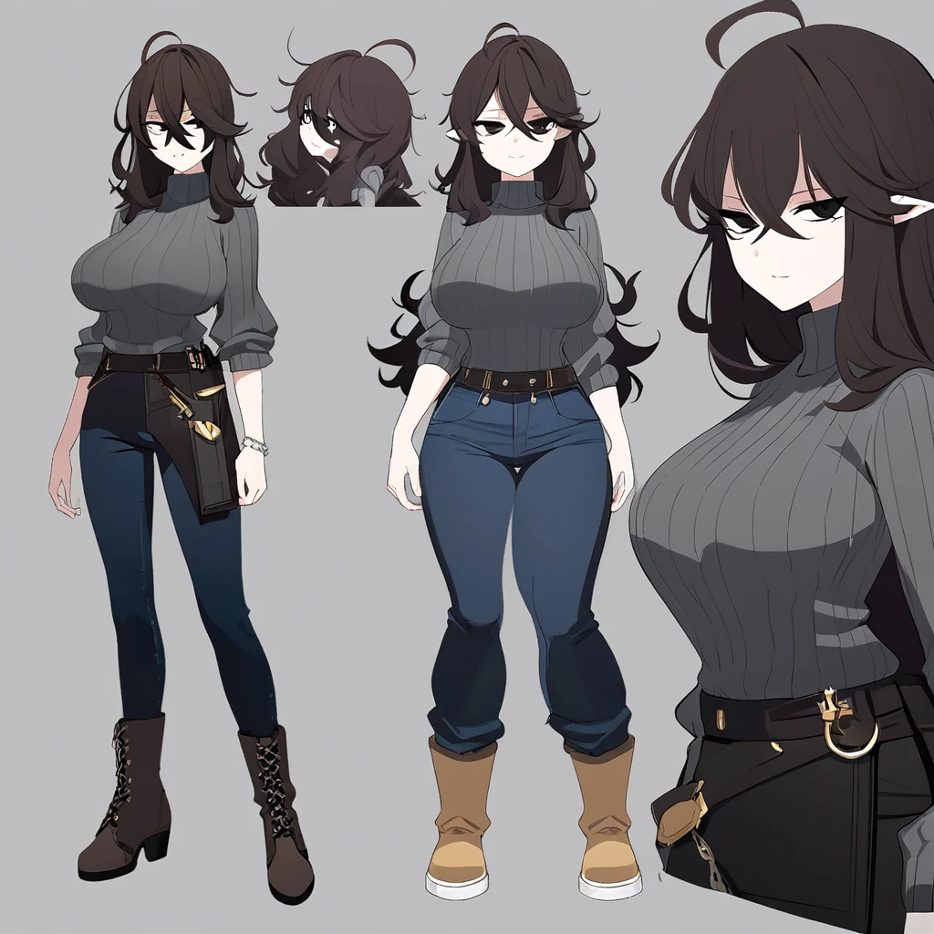 One Woman,Downer,older sister,Concept Art,Dark brown hair,Straight hair with slight inward curls,Staring eyes,Eye Ridge,black eye,Crossed bangs,whole body,smile,Larger breasts,Gray background,Bangs that reach down to the eyes,Messy hair,Tight dark jeans,Gray turtleneck sweater,Multiple views of the same character,Character Design,Dark circles under the eyes,Bad look,Listless,Sloppy,Silver Jewelry,Cafe staff,whole bodyCharacter Design,Detailed hands,Height: 170cm,boots,fleshy,