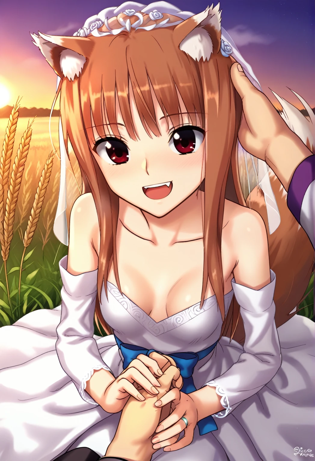 score_9, best quality, masterpiece, uncensored, source_anime
BREAK
1girl, solo, sitting, holo \(spice and wolf\), wolf girl, wolf tail, wolf ears, wheat field, detailed background, evening, ((wedding dress, wedding veil)), wedding ring, white skin boy, headpat, pov, smile, open mouth, upper fang
