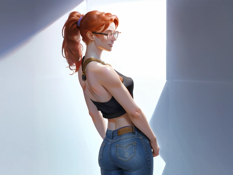 (back view),(rule of thirds),((ultra realistic illustration:1.2)), Tall, slender ((redhead)) woman of Irish descent. (pale:1.3)complexion. blue eyes, cute butt, nice legs. Kind eyes, cute ((smile:1.2)). Ponytail, (Eyeglasses), light makeup, necklace, tank top, skinny jeans, stiletto heels. Masterpiece, best quality, (highly detailed:1.2),(detailed face and eyes:1.2), 8k wallpaper, depth of field, studio lighting. core shadows, high contrast, bokeh.