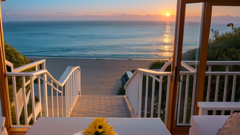Highest quality,masterpiece,Sea at dawn,Morning sun,View from the seaside house,Real,