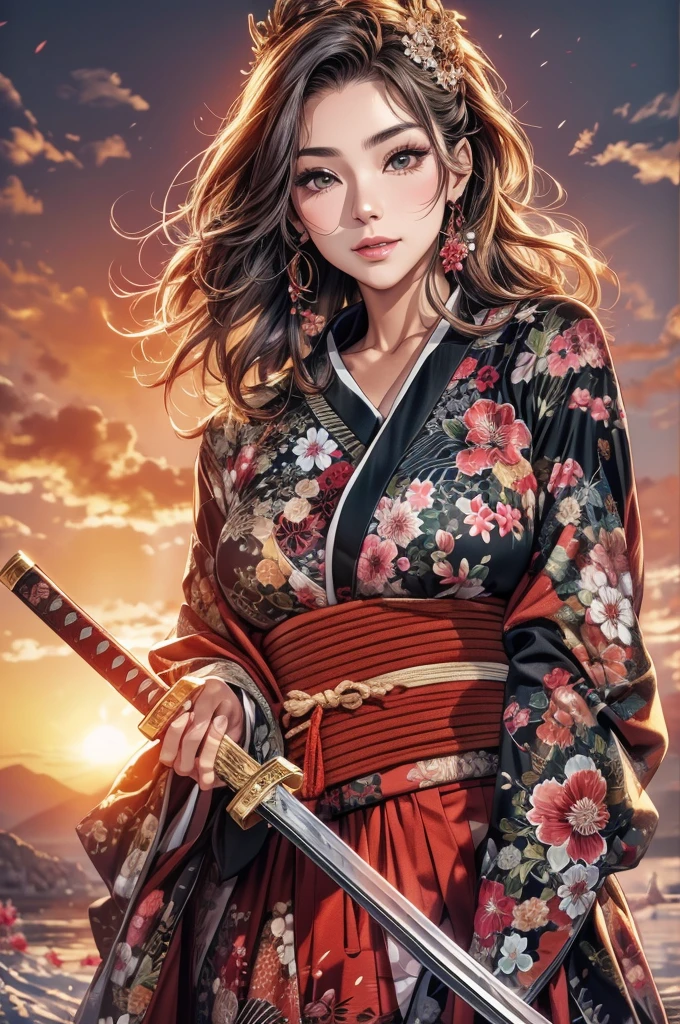 He holds a long Japanese sword in his right hand.、Beautiful 40 year old Japanese woman、A cool smile、Gorgeous black and red kimono、Gorgeous floral patterned kimono、Beautiful sunset、The sunset is dazzling、Slit eyes、Realistic eyes、Realistic eyes、A Japanese sword shines in the setting sun、Make your breasts bigger、Hold the Japan sword with your right hand