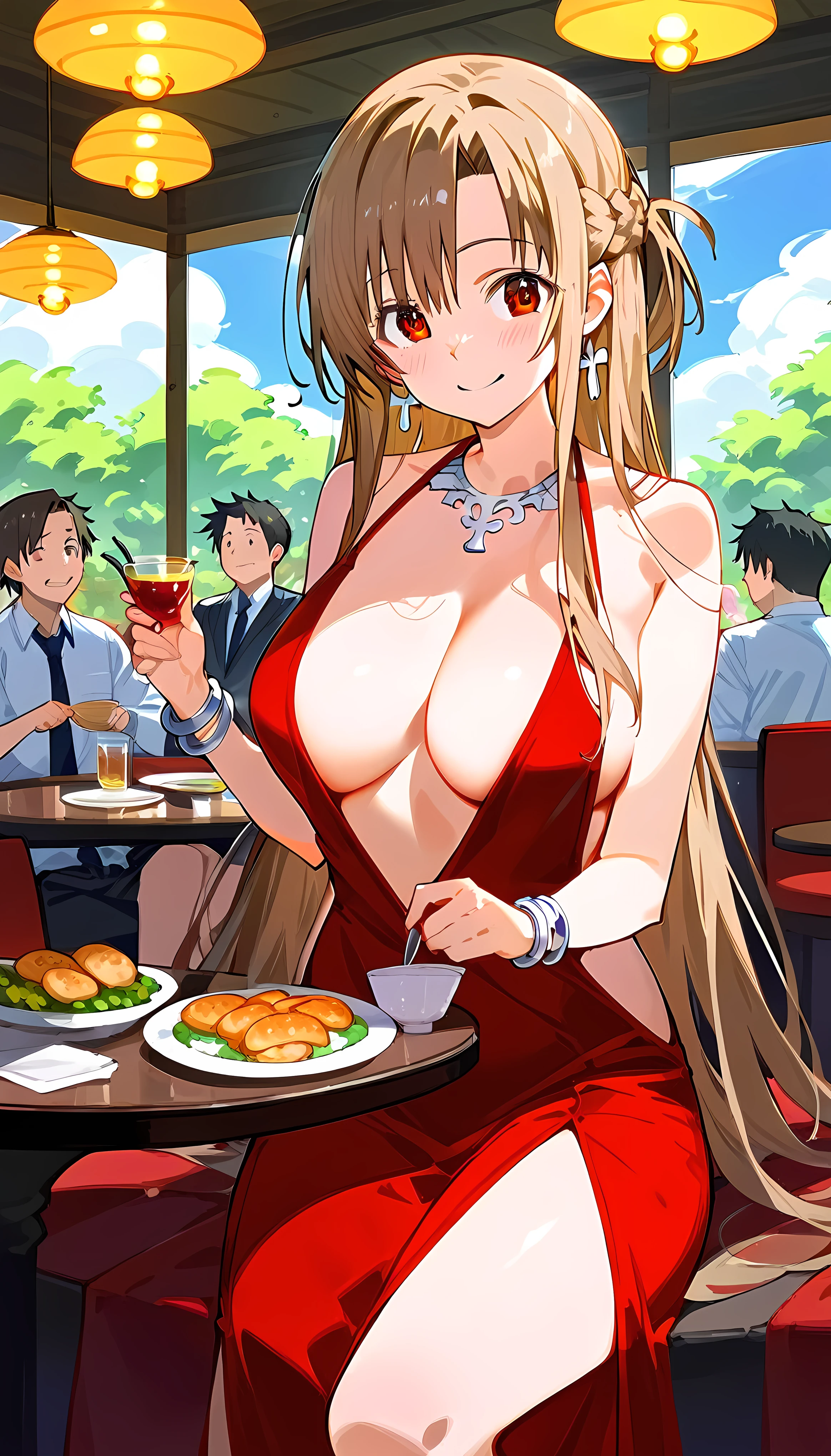 score_9,score_8_up,score_7_up,18 year old,1girl,asuna \(sao-alo\), sword art online,yuuki asuna, brown eyes, brown hair, long hair, bangs, braid,sitting, holding cup, smile,large breasts,brown hair,parted hair,long hair,red dress,halter dress,plunging neckline,center opening,cleavage,navel,earrings,bracelet,people,multiple boys,restaurant,