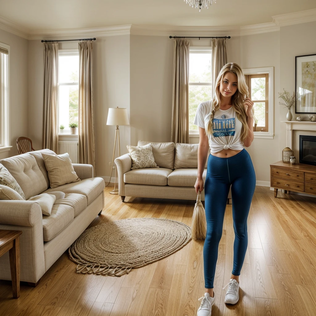 A blonde woman in her 30s with blue eyes is in the living room of a beautiful, well-decorated house. She has her long hair neatly tied back in a practical style and is dressed in a comfortable, practical outfit suitable for house cleaning, such as leggings and a fitted t-shirt in neutral colors. She is doing housework, perhaps dusting or vacuuming, and is the only person in the photo. The living room is stylish and elegant, with high-end furnishings and decor. The room is illuminated by natural daylight coming through large windows, creating a bright and airy atmosphere.
The image should capture an intimate, everyday moment with an ultra-realistic and high-quality look. Everything in the image, including the woman, her cleaning outfit, and the living room setting, should be as detailed and realistic as possible. The facial details, hair, and clothing textures should be extremely lifelike, with intricate textures. All textures in the image should be enhanced to an ultra-realistic level. Additionally, add a subtle film grain effect to the image to give it a cinematic quality. The image should have the crystal clear quality of a Fujifilm XT3 photograph, with the beautiful figure framed at the center. The woman's body should have slightly more generous curves, enhancing her natural figure in a tasteful and realistic manner. Everything should be the highest possible quality with the most realistic details.