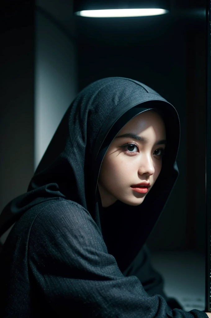 (top-quality,​masterpiece),Shadow , fullnude,Wearing a black hood,mont, Japan model to confront the moon,Very beautiful face,Bewitching look,Colossal tits, (Detailed_Background:1.3),Depicts genitals,