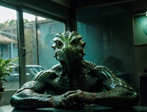 The humanoid being is a hybrid of a lizard and a fish, this being is watching, fotografia de Corpo completo imagem de corpo inteiro. Environment overview.