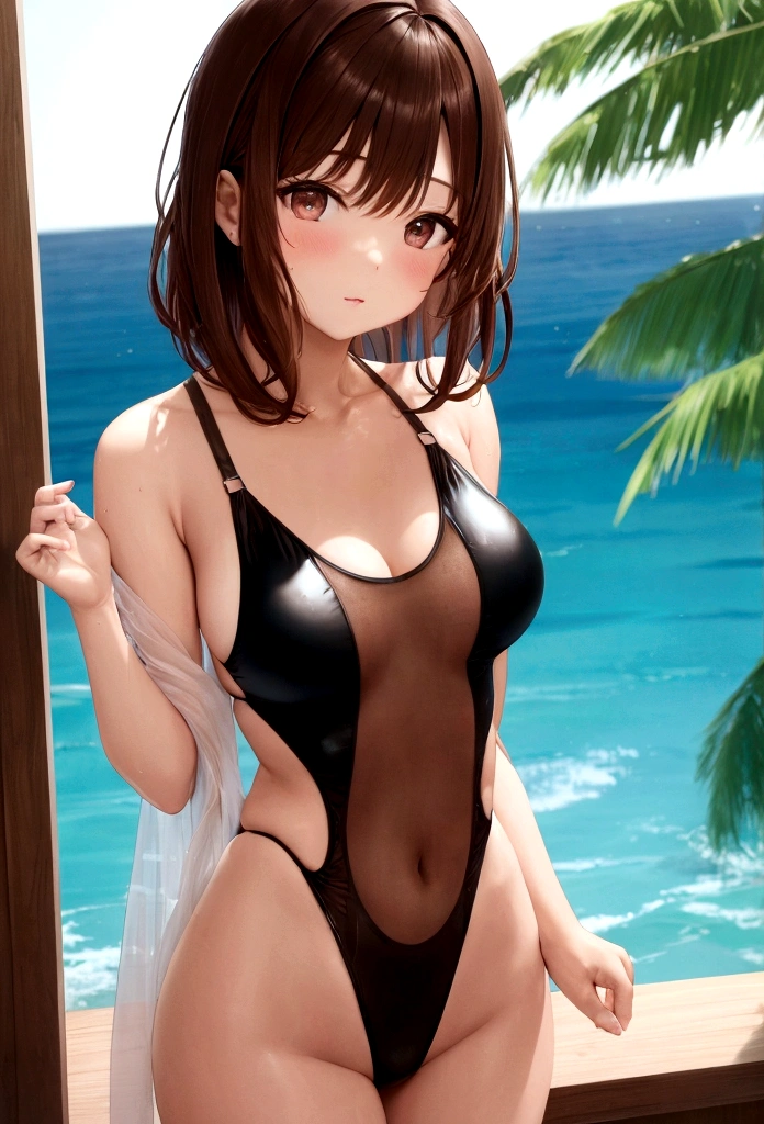 Shoulder-length brown hair、See-through swimsuit、