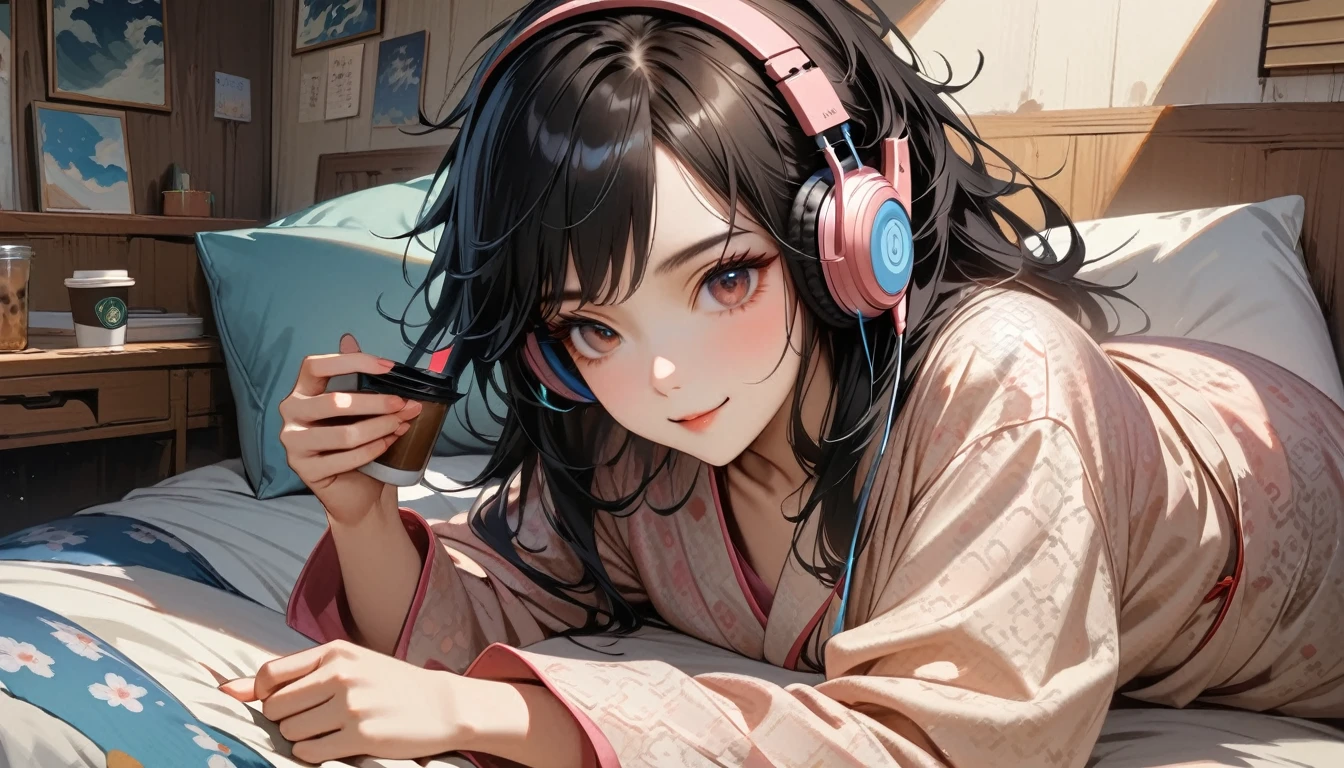 ((8k of extremely detailed CG unit, Masterpiece, high resolution, highest quality, highest quality real texture skin)), (((Japanese patterned pajamas))), (((Cute room))), (((Japanese style headphones))), (((iced coffee))), (((Smiling and listening to music))), ((1 girl)), (Black hair, messy hair, beige skin), (Surreal, digital painting)
