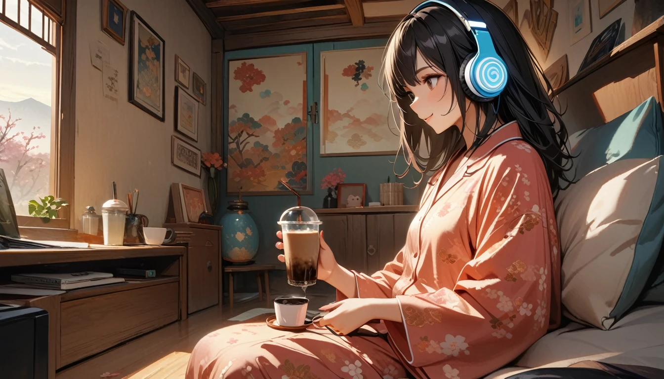 ((8k of extremely detailed CG unit, Masterpiece, high resolution, highest quality, highest quality real texture skin)), (((Japanese patterned pajamas))), (((Cute room))), (((Japanese style headphones))), (((iced coffee))), (((Smiling and listening to music))), ((1 girl)), (Black hair, messy hair, beige skin), (Surreal, digital painting)