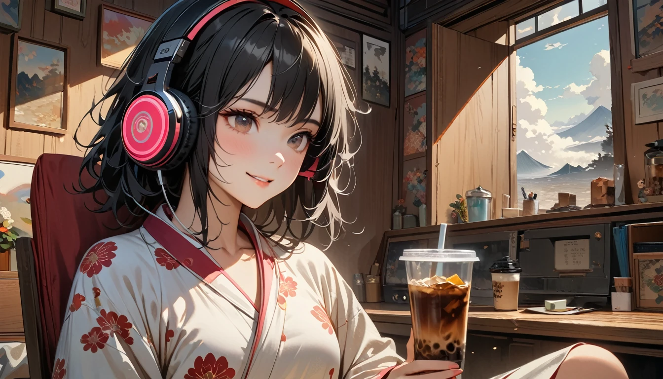 ((8k of extremely detailed CG unit, Masterpiece, high resolution, highest quality, highest quality real texture skin)), (((Japanese patterned pajamas))), (((Cute room))), (((Japanese style headphones))), (((iced coffee))), (((Smiling and listening to music))), ((1 girl)), (Black hair, messy hair, beige skin), (Surreal, digital painting)