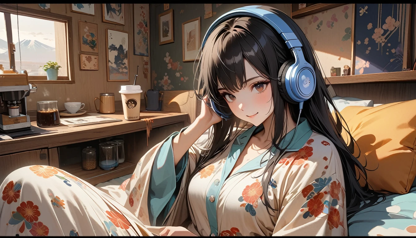 ((8k of extremely detailed CG unit, Masterpiece, high resolution, highest quality, highest quality real texture skin)), (((Japanese patterned pajamas))), (((Cute room))), (((Japanese style headphones))), (((iced coffee))), (((Smiling and listening to music))), ((1 girl)), (Black hair, messy hair, beige skin), (Surreal, digital painting)