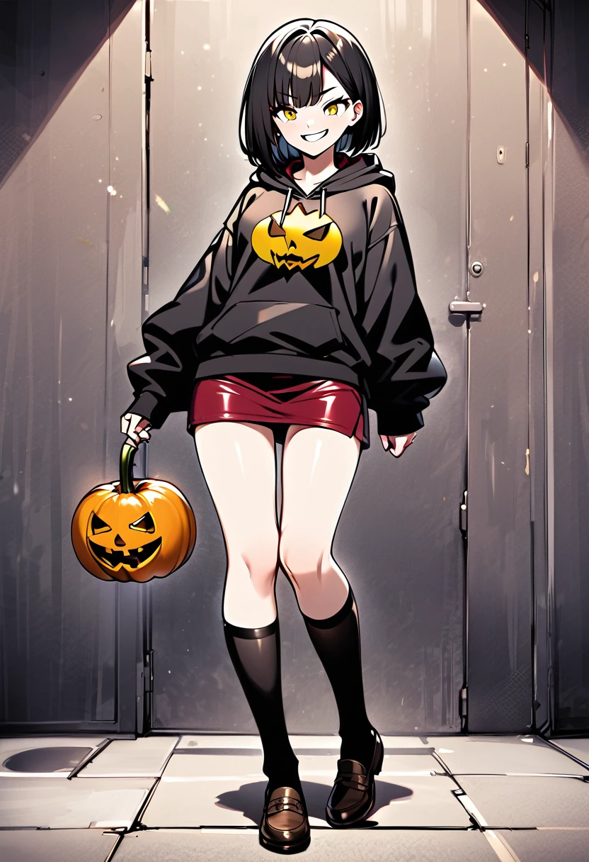 edgy girl, black hoodie, black hair, bob cut, red miniskirt, high socks, brown loafers, black pumpkin mask on the left side of her head with a yellow smile on it. Amazing quality, full body view, snarky grin