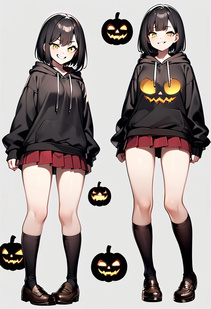 edgy girl, black hoodie, black hair, bob cut, red miniskirt, high socks, brown loafers, black pumpkin mask on the left side of her head with a yellow smile on it. Amazing quality, full body view, snarky grin