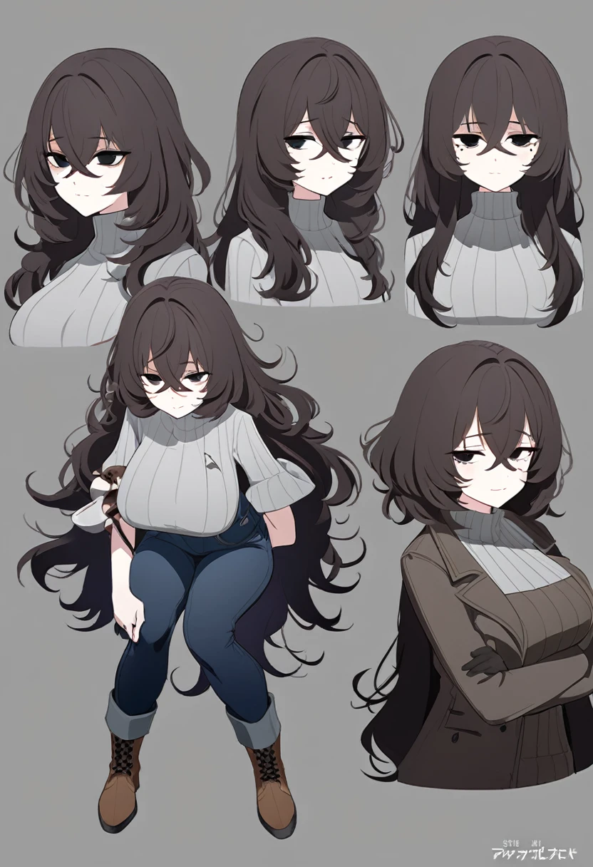 One Woman,Downer,older sister,Concept Art,Dark brown hair,Straight hair with slight inward curls,Staring eyes,Eye Ridge,black eye,Crossed bangs,whole body,smile,Larger breasts,Gray background,Bangs that reach down to the eyes,Messy hair,Tight dark jeans,Gray turtleneck sweater,Multiple views of the same character,Character Design,Dark circles under the eyes,Bad look,Listless,Sloppy,Silver Jewelry,Cafe staff,whole bodyCharacter Design,Detailed hands,Height: 170cm,boots,fleshy,