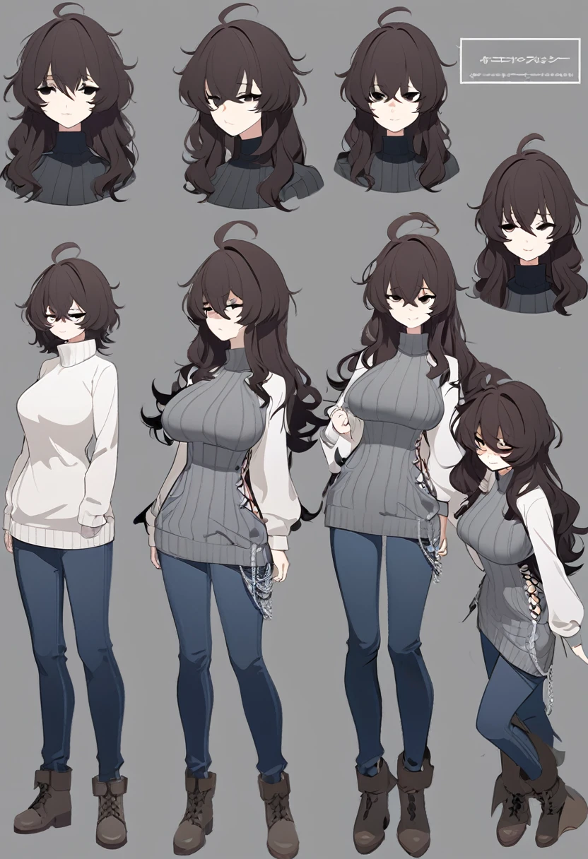 One Woman,Downer,older sister,Concept Art,Dark brown hair,Straight hair with slight inward curls,Staring eyes,Eye Ridge,black eye,Crossed bangs,whole body,smile,Larger breasts,Gray background,Bangs that reach down to the eyes,Messy hair,Tight dark jeans,Gray turtleneck sweater,Multiple views of the same character,Character Design,Dark circles under the eyes,Bad look,Listless,Sloppy,Silver Jewelry,Cafe staff,whole bodyCharacter Design,Detailed hands,Height: 170cm,boots,fleshy,