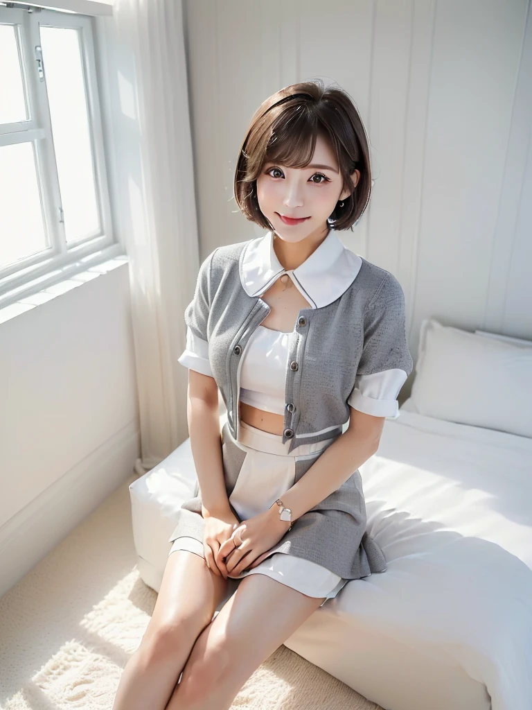 (Highest quality、masterpiece:1.9)、((Neat and clean female college student、1 person))、Soft lighting by a professional photographer、Natural light、((Very spacious white luxurious room:1.6))、((Bright white room:1.6))、(Sitting on a very luxurious white bed:1.2)、(White Bookcase:1.1)、Natural soft light、((Black Hair:1.1))、Fair skin、Detailed Eyes、double eyelid、Slightly puffy cheeks、((Small Face:1.0))、((Check One Piece、Grey mini skirt、Please wear it with the chest open.:1.1))、(smile)、((Girly pose 1.8))、High resolution,、((Short Hair:1.2))、((Full Body Shot:1.2))、Live-action image quality、((Height: 150cm))、Hands in front、Hide your hands between your legs、(bangs:1.1)、